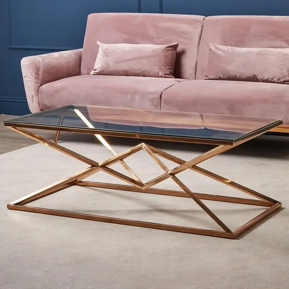 Allston Glass Coffee Table with Corseted Frame - Rose Gold