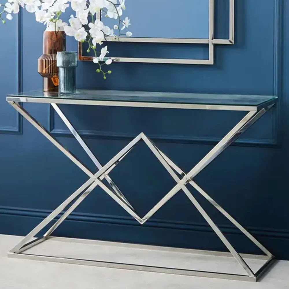 Allston Glass Console Table with Corseted Frame - Silver