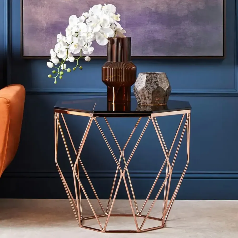 Allston Polygonal End Table - Amber Glass, Rose Gold