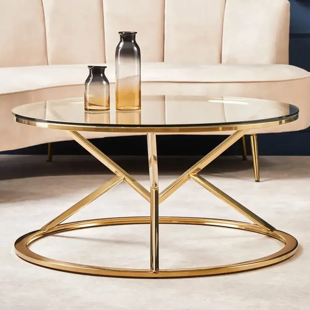 Allston Round Coffee Table with Corseted Frame - Gold, Glass product