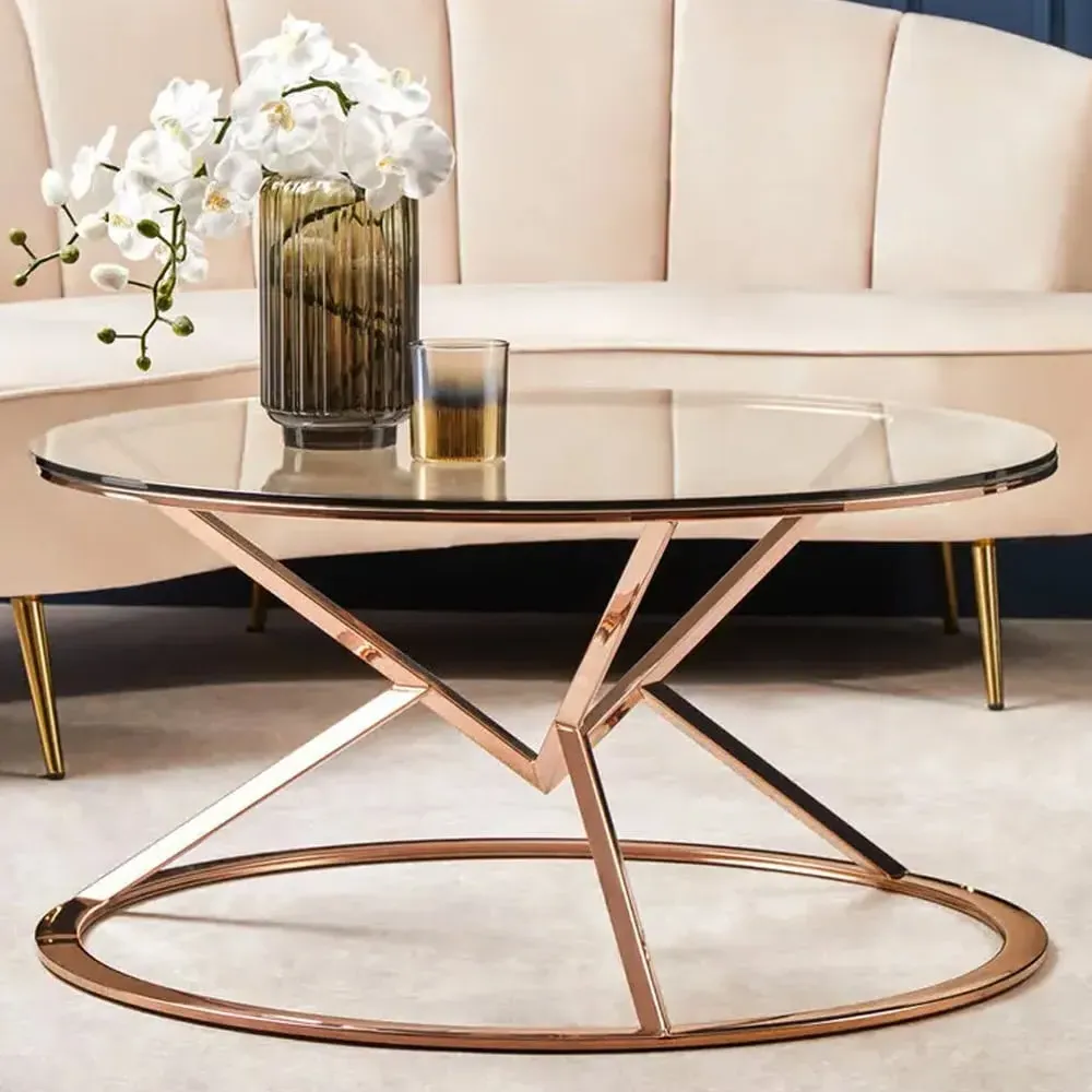 Allston Round Glass Coffee Table with Corseted Frame - Rose Gold