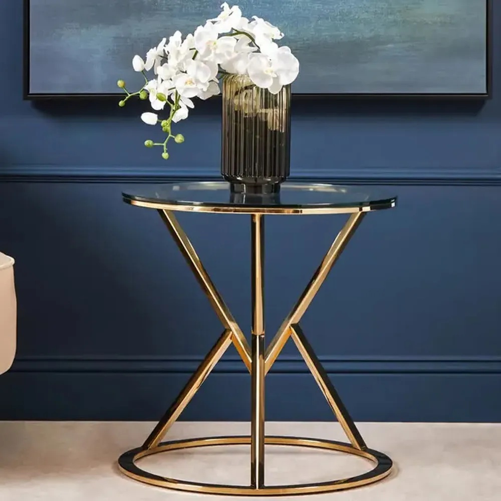 Allston Round Glass End Table with Corseted Frame - Champagne