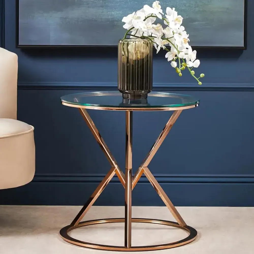 Allston Round Glass End Table with Corseted Frame - Rose Gold image