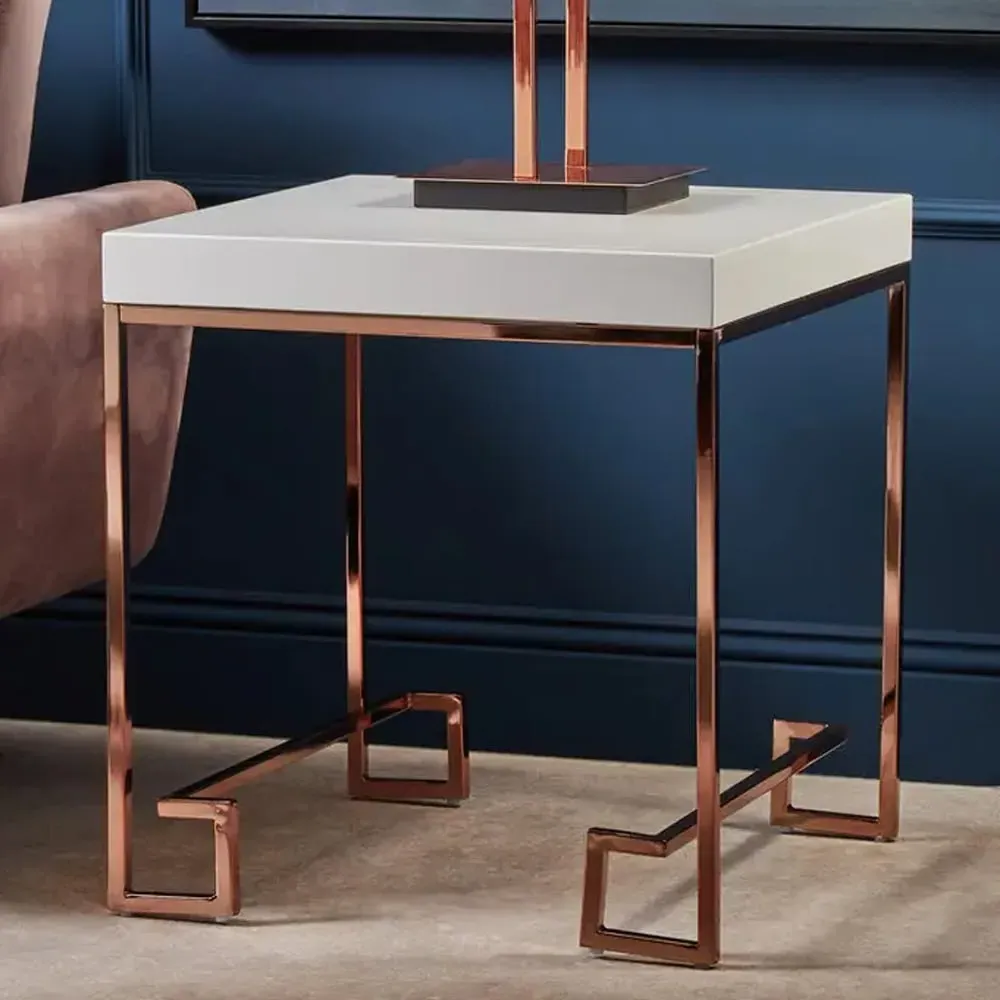 Allston Square End Table with Rose Gold Frame - White, High Gloss image