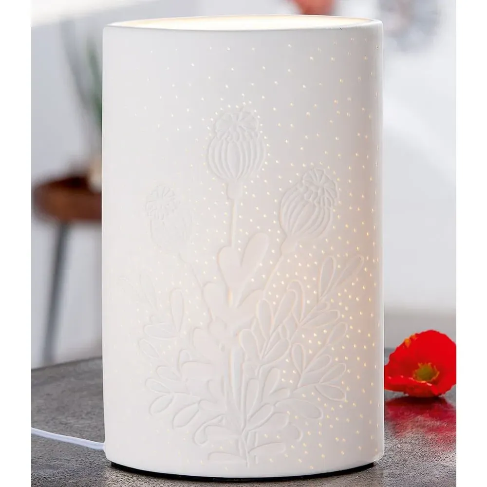 Allston Wide Porcelain Table Lamp with Floral Design - White