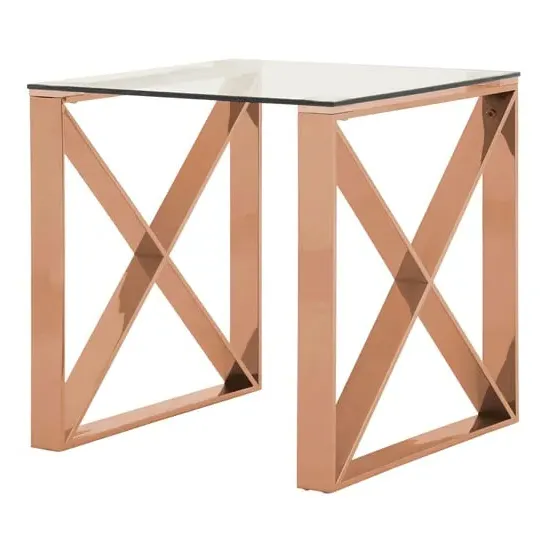 Alluras Glass End Table with Cross Frame - Rose Gold