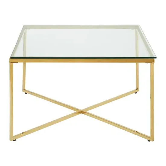 Alluras Large Glass End Table with Intersecting Frame - Gold