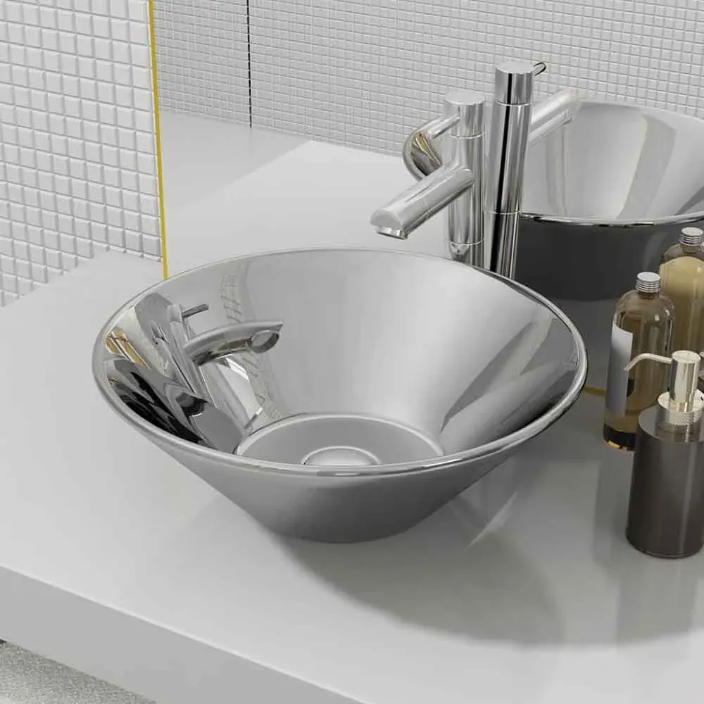 Alpharetta Round Countertop Basin Without Waste - Silver, Ceramic product