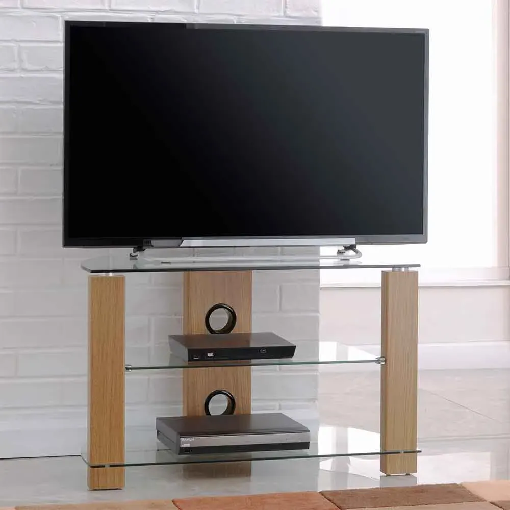 Alpine Corner TV Stand with 2 Glass Shelves - Oak product