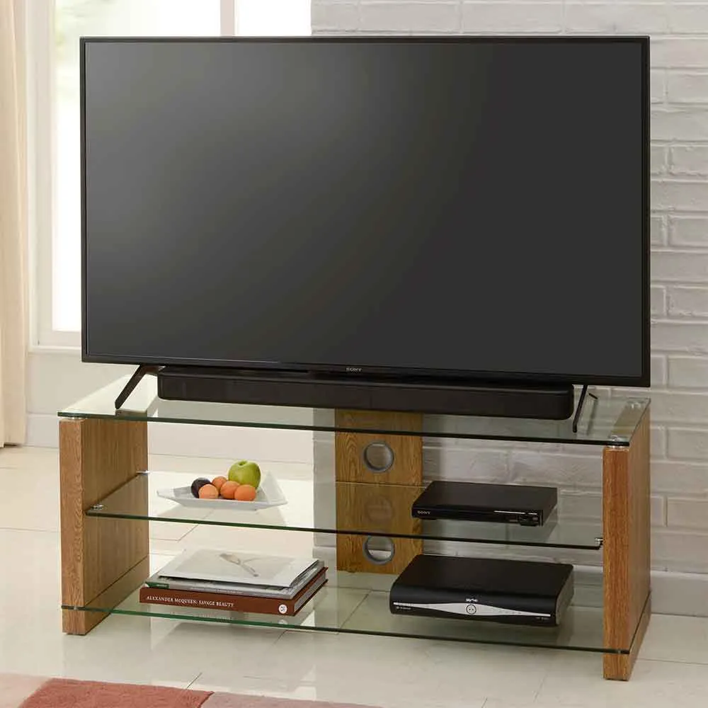 Alpine TV Stand with 2 Glass Shelves - Oak, Wood product