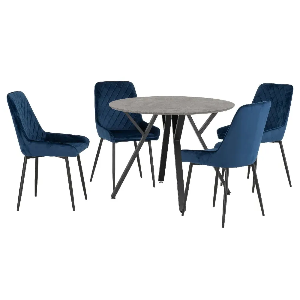 Alsip Round Dining Table with 4 Avah Chairs - Blue, Concrete