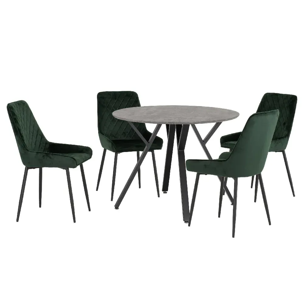 Alsip Round Dining Table with 4 Avah Chairs - Green, Concrete