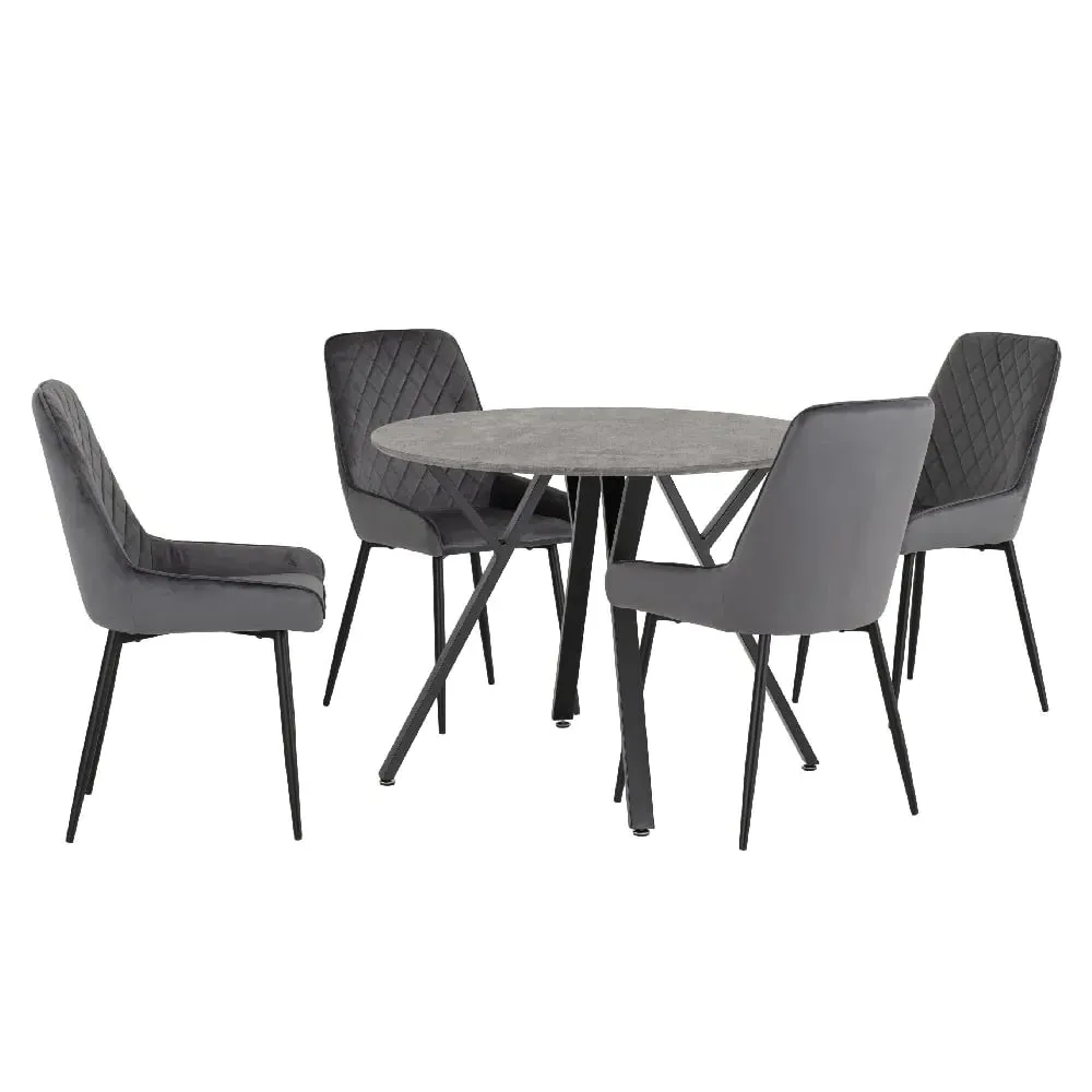 Alsip Round Dining Table with 4 Avah Chairs - Grey, Concrete