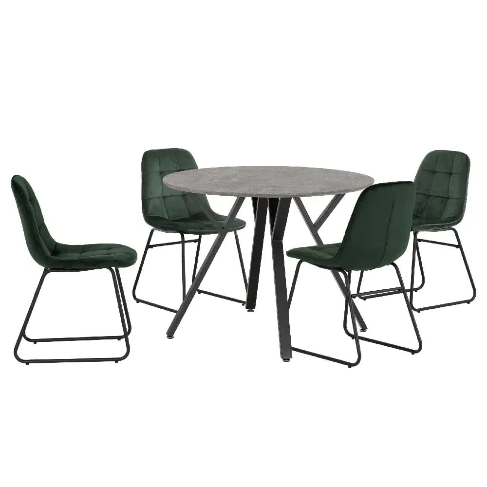 Alsip Round Dining Table with 4 Lyster Chairs - Green, Concrete