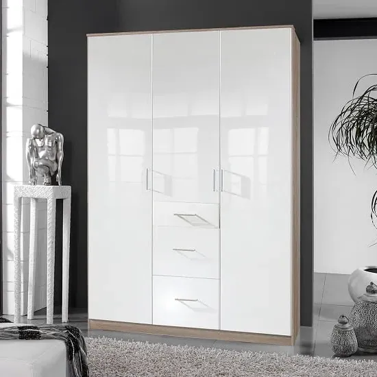 Alton 3-Door Wardrobe with 3 Drawers - White, Oak image