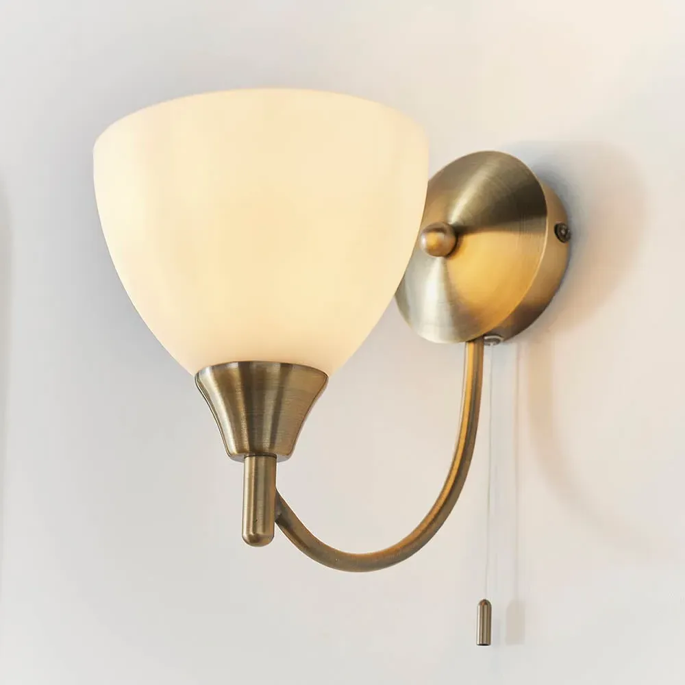 Alton Wall Light with Pull Cord - Antique Brass, Opal Glass image