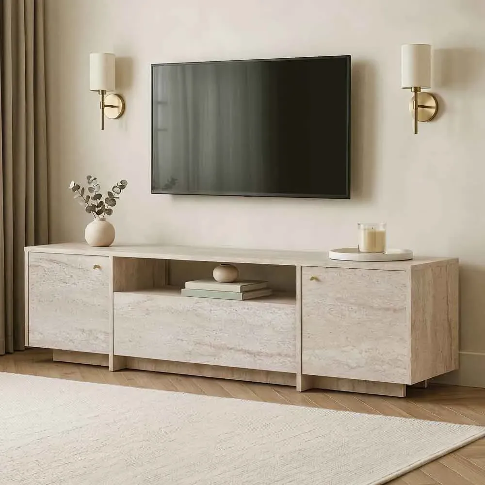 Alvar TV Stand with 3 Doors - Travertine Marble Effect, Chipboard product