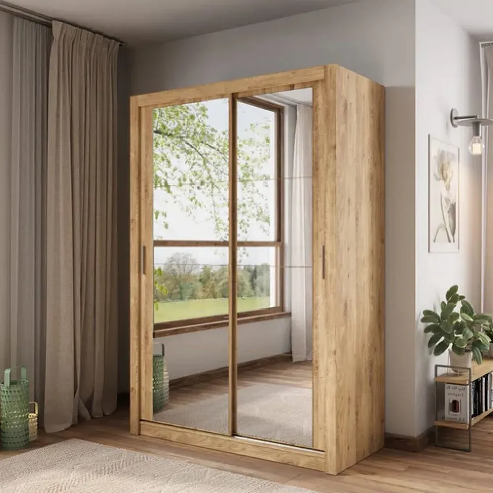 Ames 2-Door Mirrored Wardrobe - Oak Shetland
