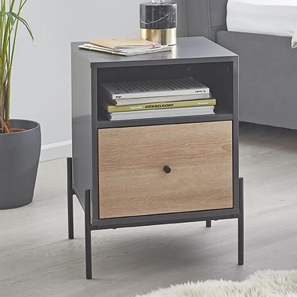 Anniston Bedside Cabinet with 1 Drawer - Anthracite Oak image