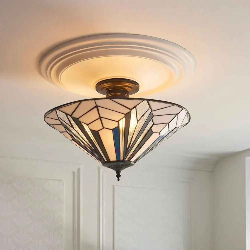 Anqing Tiffany Glass Semi-Flush Ceiling Light - Black