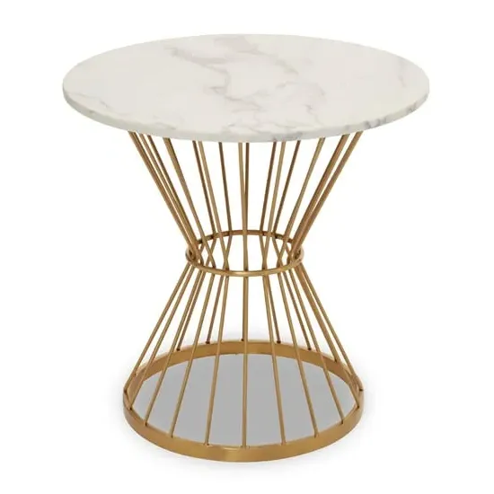 Anza Round Side Table with Silver Base - White, Marble