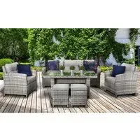 Arax Glass Top Garden Sofa Dining Set with 2 Ottomans - Grey