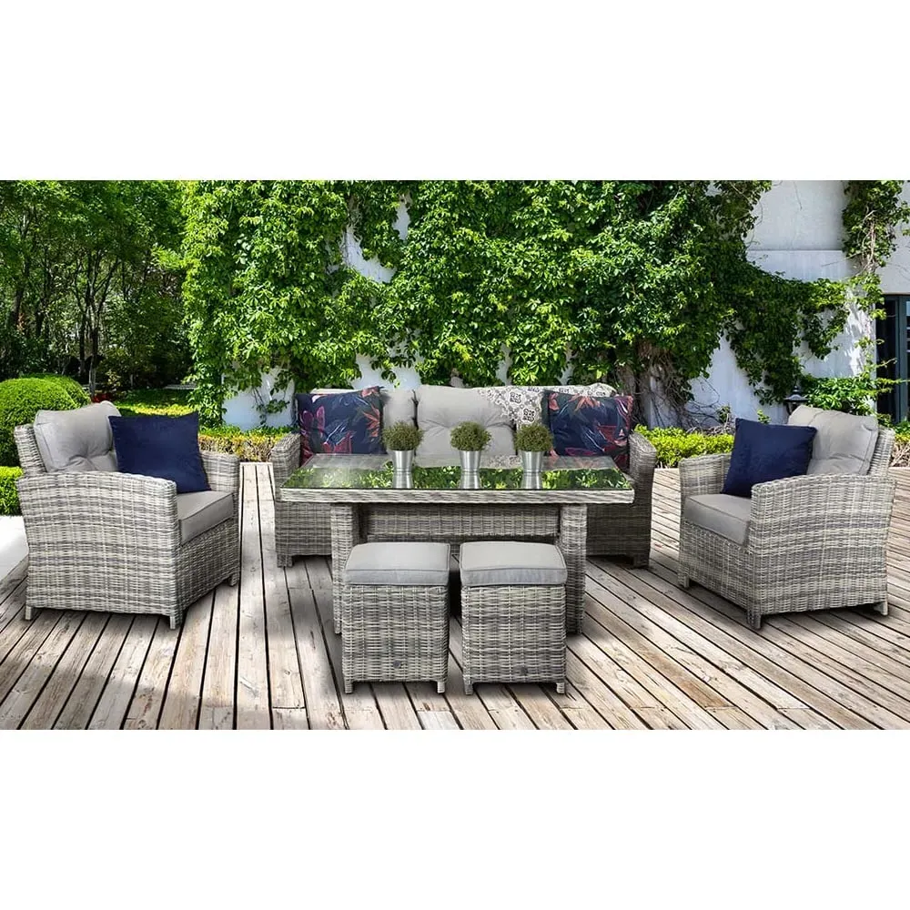 Arax Glass Top Garden Sofa Dining Set with 2 Ottomans - Grey image