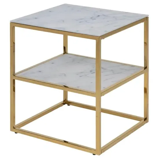 Arcata Glass Shelves Bedside Table - White Marble, Gold Steel product