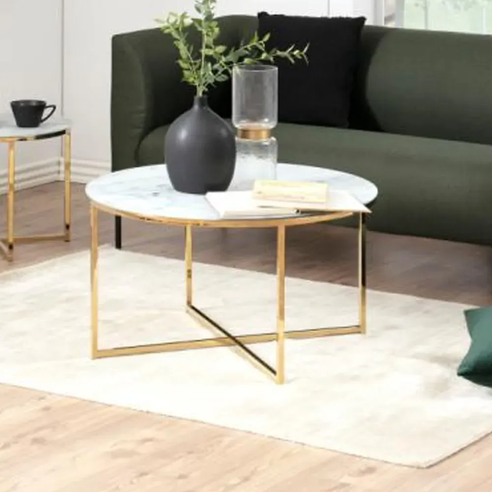 Arcata Round Coffee Table - White Marble Effect, Glass image