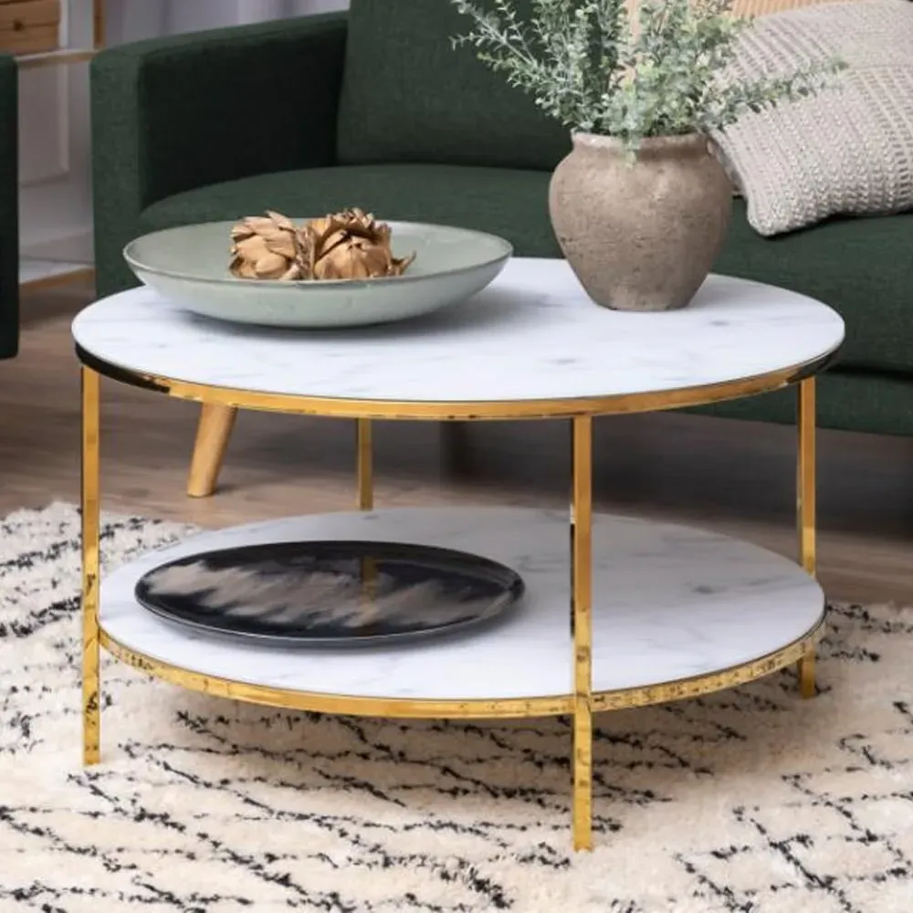 Arcata Round Coffee Table with Shelf - White Marble Effect, Glass