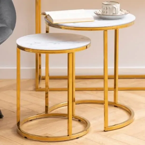 Arcata Round Nest of 2 Tables - White Marble, Glass product