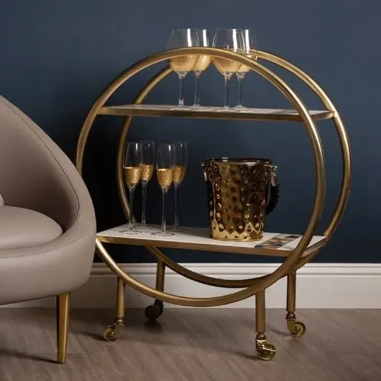 Arenza Drinks Trolley with Agate Shelves - White, Marble