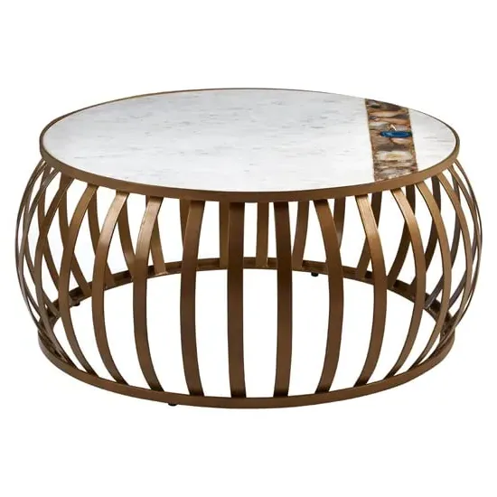 Arenza Round Coffee Table with Agate Inlay - White, Marble