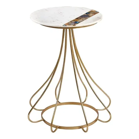 Arenza Round Side Table with Agate Inlay - White, Marble