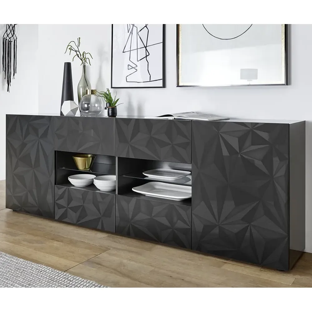 Arlon High Gloss Sideboard with 2 Doors 4 Drawers - Grey