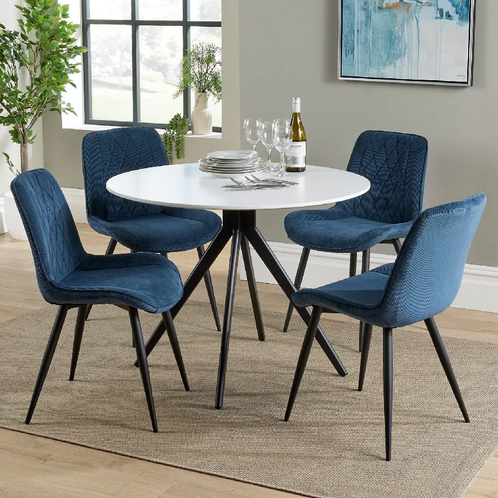 Arta Round Dining Table with 4 Diamond Chairs - White, Wood