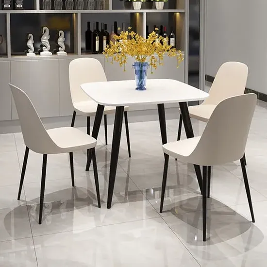 Arta Square Dining Table with 4 Curve Chairs - White, Wood