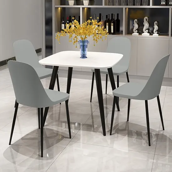 Arta Square Dining Table with 4 Curve Chairs - White, Wood