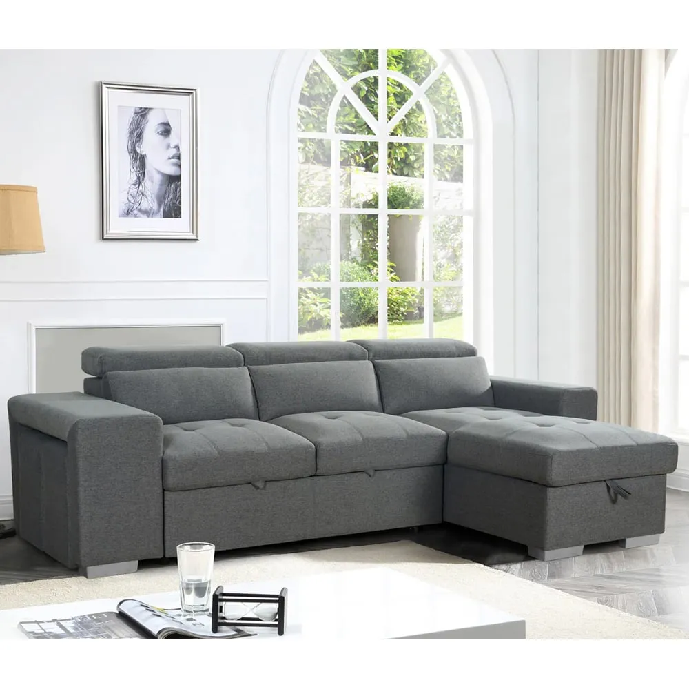 Arthur L-Shaped Corner Sofa Bed with Storage - Grey, Fabric