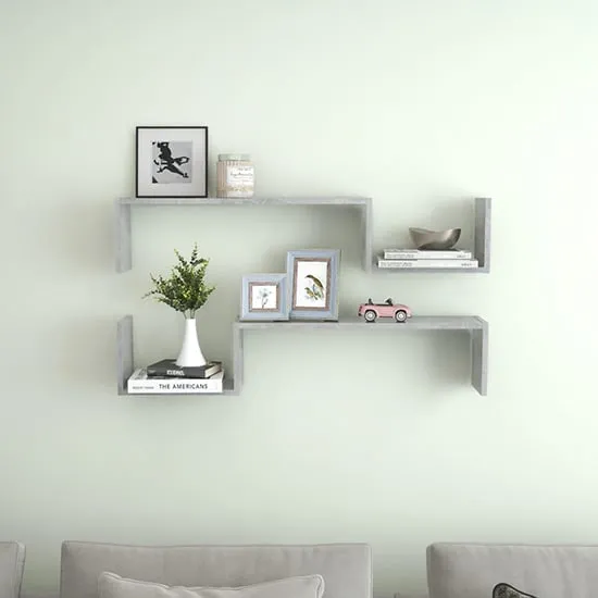 Arzon Set of 2 Wall Shelves - Concrete Effect, Wood