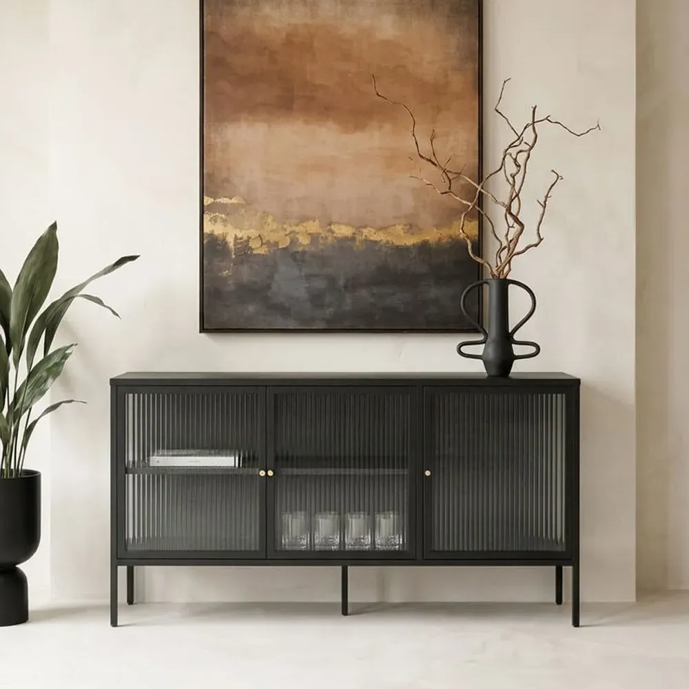 Athero Sideboard with 3 Fluted Glass Doors - Black, Metal product