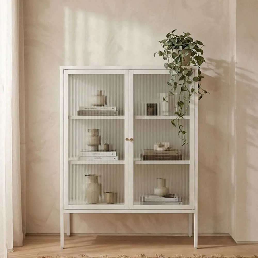 Athero Storage Cabinet with Fluted Glass Doors - White, Metal product