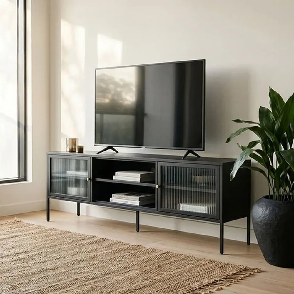Athero TV Stand with 2 Fluted Glass Doors - Black, Metal product
