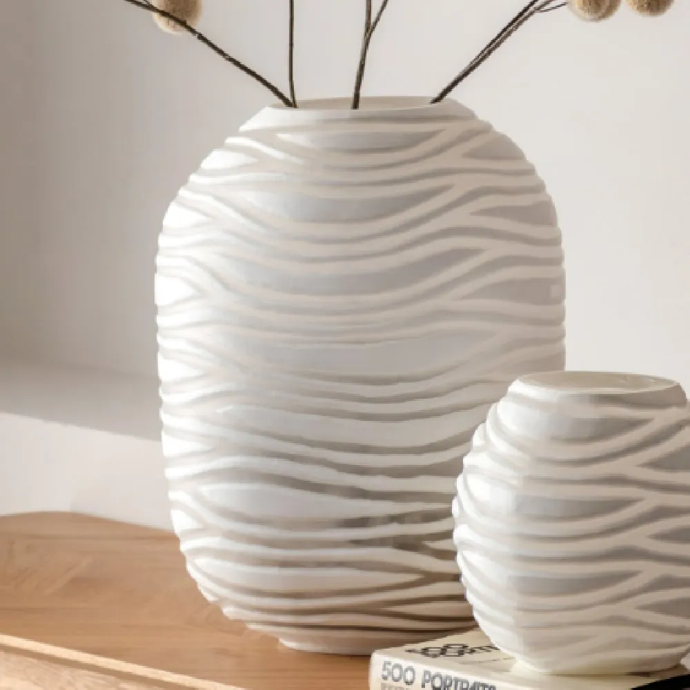 Attica Large Hand Blown Carved Vase - White, Glass