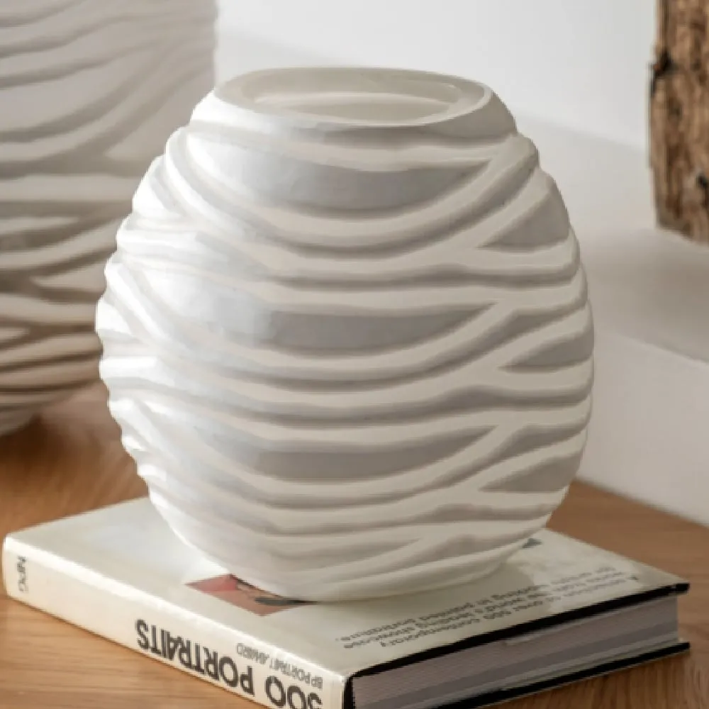 Attica Small Hand Blown Carved Vase - White, Glass image