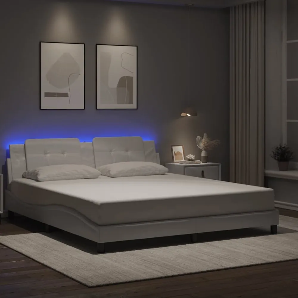 Attica Super King Size Bed Frame with LED - White, Faux Leather