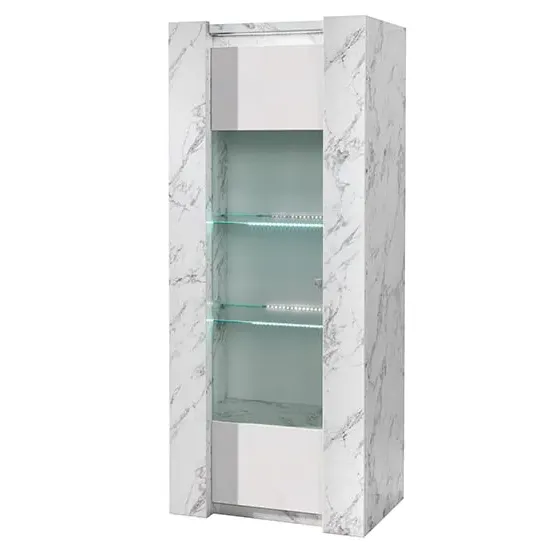 Attoria LED 1 Door Display Cabinet - White Marble Effect, MDF