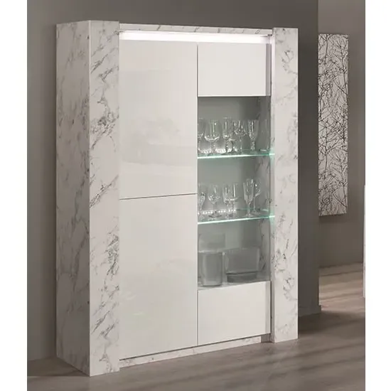 Attoria LED 2 Door Display Cabinet - White Marble Effect, MDF