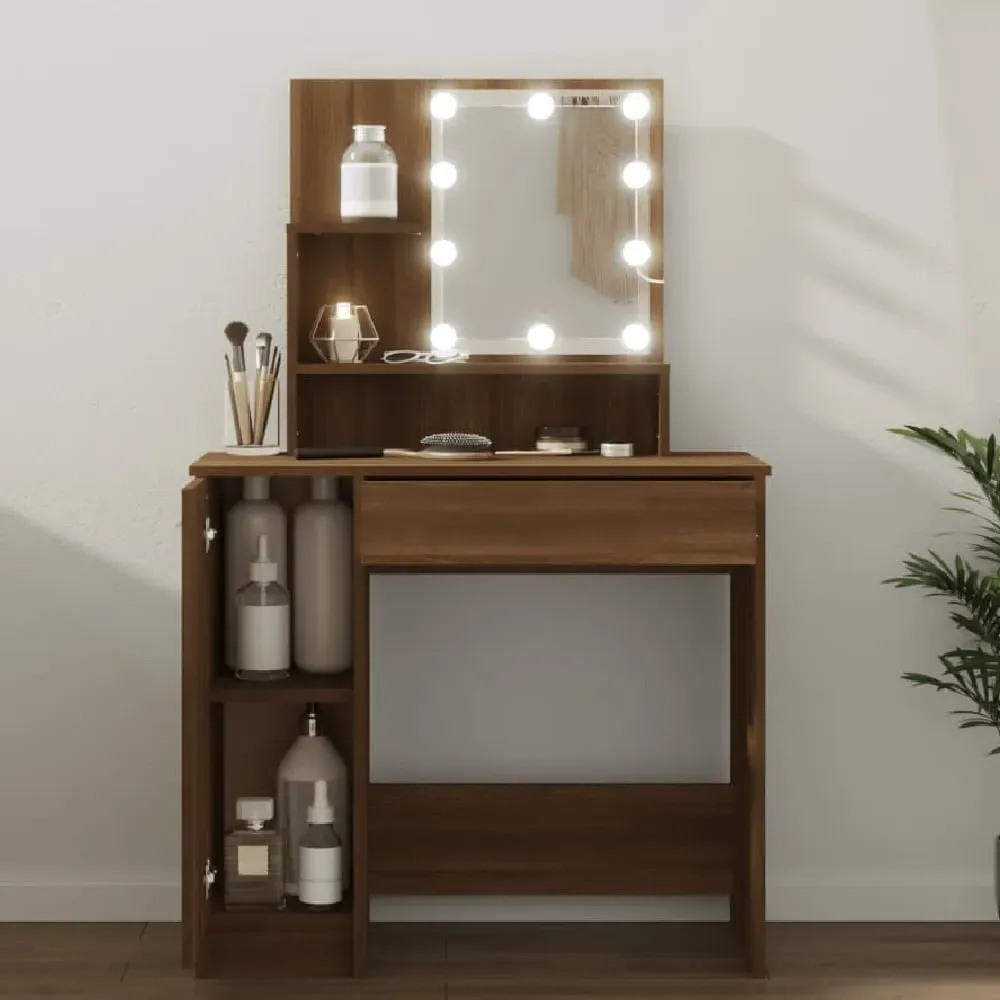 Aurora Dressing Table with LED Lights - Brown Oak, Engineered Wood