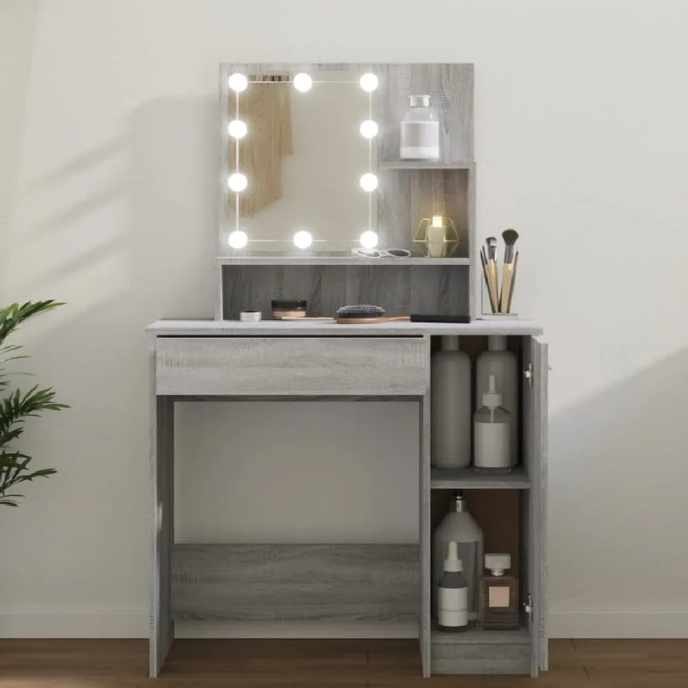 Aurora Dressing Table with LED Lights - Grey Sonoma, Engineered Wood